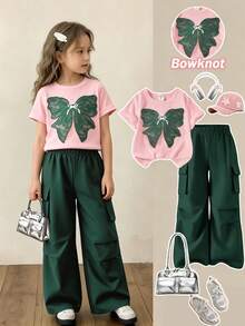 SHEIN Elladie kids 2件組 青少年女孩粉色與萊姆綠夏季可愛休閒開學T恤工裝褲套裝 優雅派對洋裝 - 彩色 - 查看 3