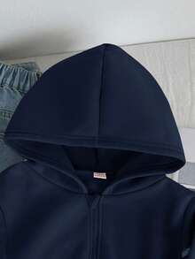 SHEIN 青少年女孩寬鬆休閒極簡舒適日常街頭風連帽修身口袋前拉鍊短版長袖運動衫外套 白色返校穿搭 - 藏蓝色 - 查看 4