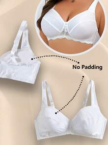 SHEIN 1 buah Bra Tanpa Kawat Bertekstur Patchwork Renda Ukuran Plus - Putih - View 3