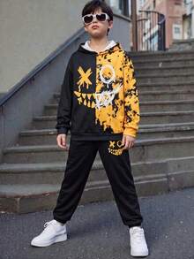 2件組兒童青少年男孩休閒日常百搭舒適印花圖案連帽衛衣，寬鬆套頭長袖運動衫與寬鬆慢跑運動長褲針織套裝，適合秋冬 - 黑色 - 查看 6