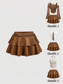 SHEIN MOD 女款拼色眼睛裝飾時尚百搭約會旅行迷你裙 - 棕色 - 查看 5