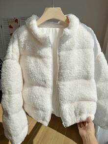 Comfortcana Plus Size Women's Casual Elegant Baggy Smart Vintage American Style White Fuzzy Warm Short Padded Coat Winter Office Going Out Formal Homewear - Beige - View 7