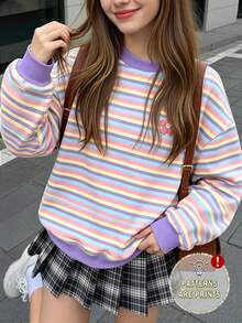 SHEIN (1件) 秋冬青少年女孩清新時尚休閒極簡小碎花紫色調條紋圓領運動衫，復古條紋、個性紫色條紋、黃色條紋、綠色條紋、彩虹條紋 - 彩色 - 查看 1