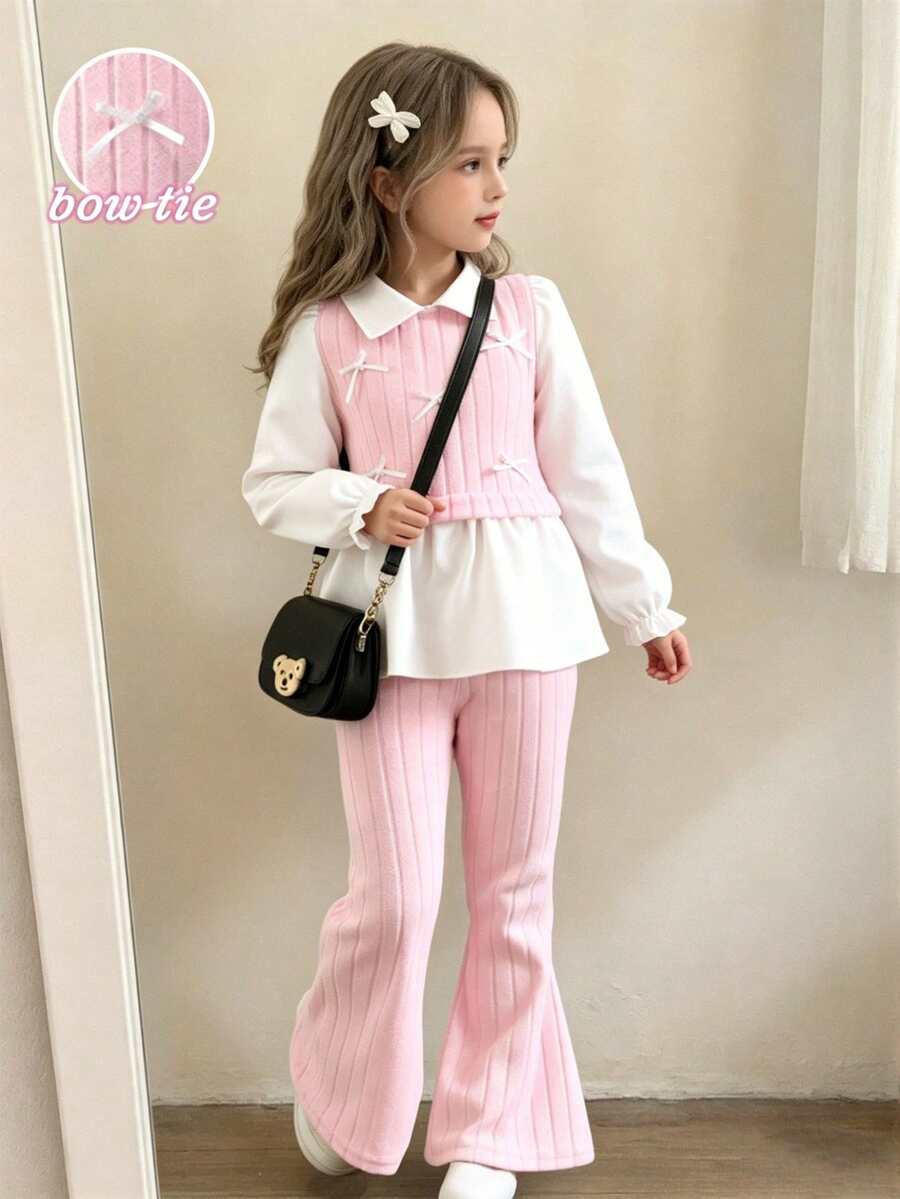 Elladie kids 女童休闲衬衫套装,白色蝴蝶结装饰,粉色针织罗纹面料拼布,白色长袖翻领荷叶边下摆衬衫上衣搭配粉色休闲喇叭裤,2 件套,适合返校、休闲、时尚、甜美、可爱、女士日常外出和旅行摄影 - 彩色 - 查看 1