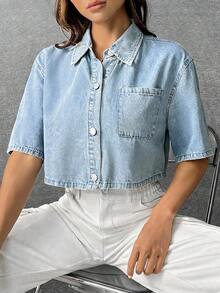 SHEIN Girls' Blue Denim Loose Cropped Shirt Summer World Cup Independence Day Beach Graduation - Blue - View 6