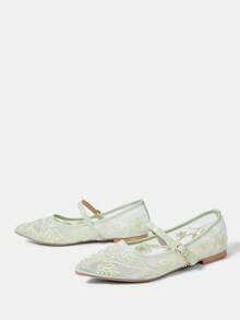 CUCCOO HITCHD Sepatu Mary Jane Wanita dengan Desain Manik-Manik Bordir Jala, Ujung Persegi, Gesper Sederhana, Sol Lembut, dan Bernapas ala Prancis. - Hijau - View 3