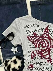 SHEIN Women's Casual Star Print Asymmetric Collar Short Sleeve T-Shirt - Multicolor - View 3