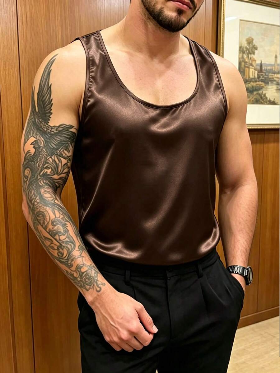 Manfinity Dauomo 男士緞面無袖背心 - 棕色 - 查看 1
