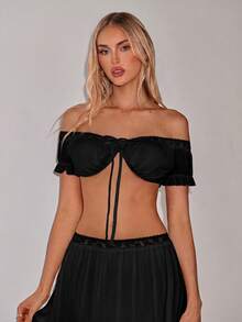 SHEIN ICON 女款性感街頭風蕾絲拼接綁帶短版背心與長裙兩件套 - 黑色 - 查看 8