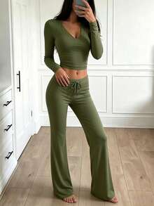 INAWLY Solva Set 2 Potong Wanita Kaos Crop Lengan Panjang Warna Polos dan Celana Longgar Pinggang Tali Serut Hijau Army Kasual Musim Gugur untuk Bersantai - Hijau Tentara - View 3