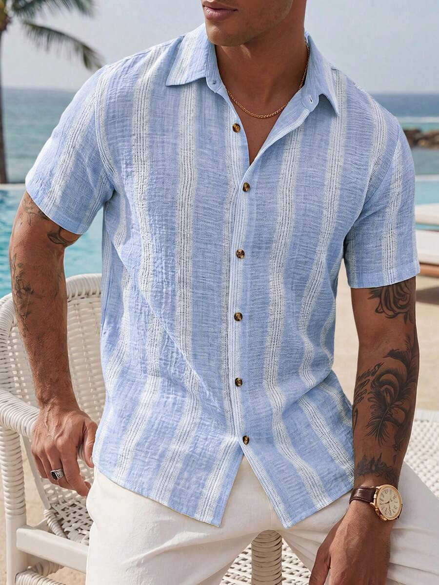 VENTUSAIL 男士黃色編織條紋夏季輕量修身休閒度假短袖襯衫 - 藍色 - 查看 1