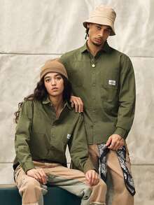 Men's Casual Cotton Shirt, Solid Color, Comfortable, Multi-Pocket, Retro Style, Suitable For Daily Wear, Spring/Autumn, Fall, Long Sleeve Top Couple Unisex - Army Green - View 2