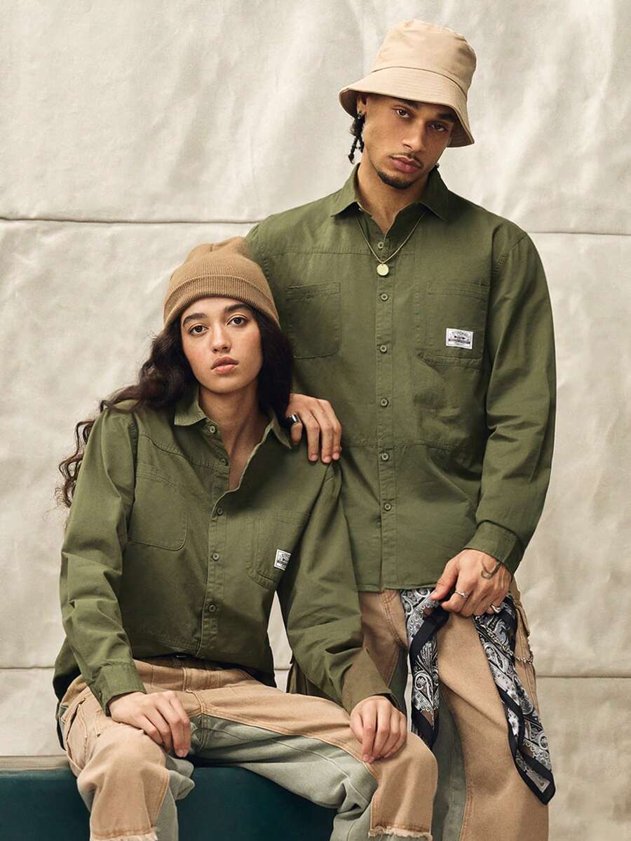 Men's Casual Cotton Shirt, Solid Color, Comfortable, Multi-Pocket, Retro Style, Suitable For Daily Wear, Spring/Autumn, Fall, Long Sleeve Top Couple Unisex