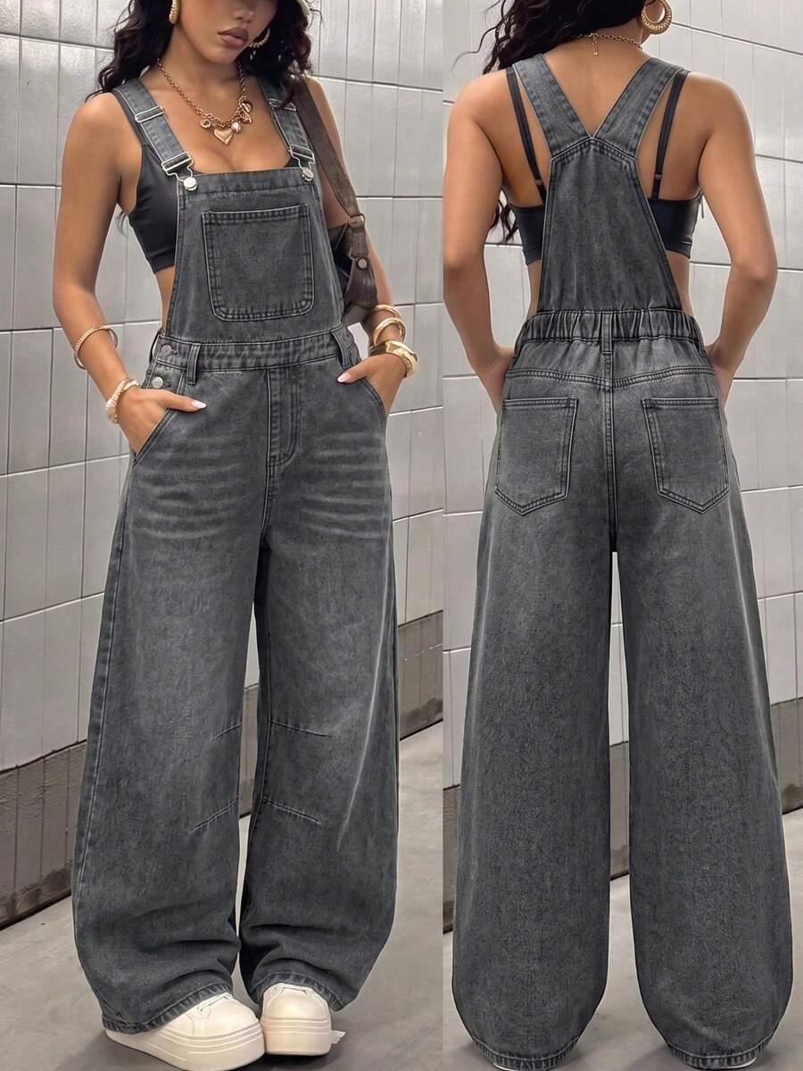 SHEIN 青少年女孩 Y2K 時尚灰色寬鬆舒適抽繩牛仔褲,黑色,適合上學 - 灰色 - 查看 1