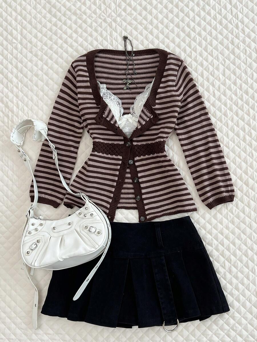 Elamini Women's Striped Contrast Color Button Square Neck 3/4 Sleeve Cute Delicate Versatile Knit Cardigan - Brown - View 1