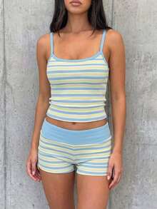 SHEIN EZwear Summer Colorblock Striped Camisole And Shorts Set - Multicolor - View 4