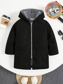 SHEIN 男童休閒舒適百搭保暖內裡連帽翻領羊毛混紡夾克，厚實刷毛保暖冬季外套 - 彩色 - 查看 6