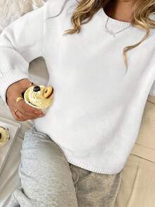 SHEIN Teen Girls Sweaters Casual Lantern Sleeve Cropped Girls Solid Color Long Sleeve Autumn Sweater,White - White - View 3