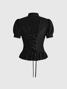 ROMWE Dark Gothic Court Style Lace Trim Stand Collar Petal Sleeve Slim Fit Blouse - Black - View 8