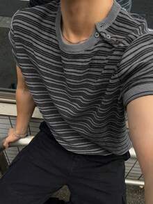 DAZY Men's Short Sleeve Striped Crew Neck Button Asymmetric Placket Knit Top - Multicolor - View 8