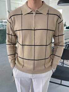 DAZY 男士長袖 Polo 領針織上衣，卡其色與黑色裝飾條紋，春秋款 - 卡其色 - 查看 6