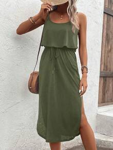 SHEIN LUNE Women Solid Color Ruffle Hem Side Slit Camisole Dress - Army Green - View 5