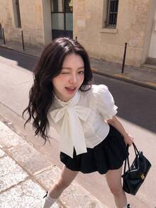 SHEIN MOD White,Summer,Elegant,Wedding Guest Women's 3D Bow Lantern Sleeve Ruffle Vintage Court Blouse,Princess Puff Sleeve Tops For Party,Prom,.Back To School. - White - View 5