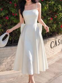 SHEIN MOD Cream White Elegant Wedding Graduation Bridal Summer Satin Bowknot Back Mid-Length Dress Ivory Spaghetti Strap Midi Dress For Formal Party Guest - Apricot - View 6