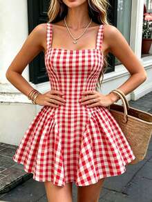 SHEIN PariChic Vintage Red & White Gingham Square Neck Cami Mini Dress With Side Ruched Waist, Flared Skirt, Slim Fit, Flattering For Petite Women, Versatile, Youthful, Sweet Style, Casual, Date, Short Dress - Multicolor - View 6