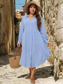 EMERY ROSE Plus Size Women's Light Blue Drop Shoulder Long Sleeve Button Front Loose Shirt Dress Casual Going Out Vacation Formal Hawaii Elegant Autumn - Multicolor - View 6