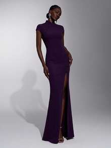 Elitara Elegant Romantic Purple Knit Cheongsam Collar Mermaid Dress Bodycon High Slit Cap Sleeve Women Prom Wedding Dinner Evening Formal Gown Winter - Purple - View 7