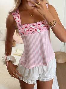 CovetEZ HELLO KITTY AND FRIENDS | SHEIN 休閒極簡可愛聯名款卡通拼接細條紋女款背心，適合春夏穿著 - 彩色 - 查看 1