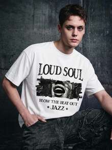 Manfinity ZONE917 Boxy Cropped Punk LOUD SOUL Jazz Black & White Distressed Graphic Print White Short Sleeve T-Shirt, Suitable For Spring And Autumn - White - View 6
