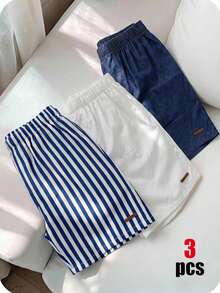SHEIN 3件組買2送1兒童青少年男孩休閒舒適拼接直筒寬鬆短褲多件組，夏季短褲，男孩套裝，適合春夏，情人節、約會、夏季穿搭、海灘週末、家庭聚會、返校季、婚禮季、運動、生日派對 - 彩色 - 查看 2