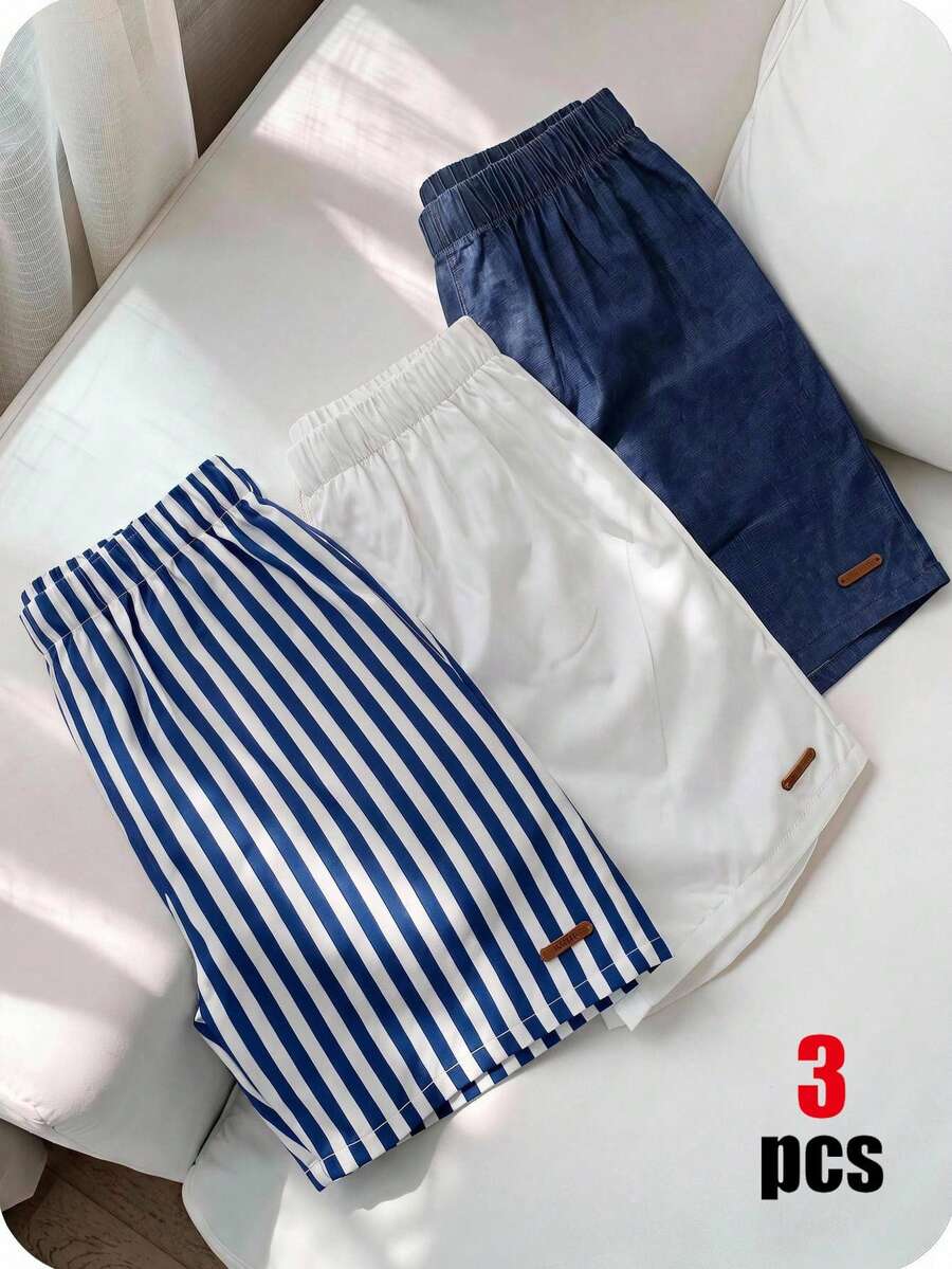 SHEIN 3件組買2送1兒童青少年男孩休閒舒適拼接直筒寬鬆短褲多件組，夏季短褲，男孩套裝，適合春夏，情人節、約會、夏季穿搭、海灘週末、家庭聚會、返校季、婚禮季、運動、生日派對