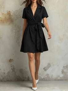 Franclia Vestido mini de fiesta de mujer con cuello de solapa, retorcido y fruncido en unicolor - Negro - Ver 1