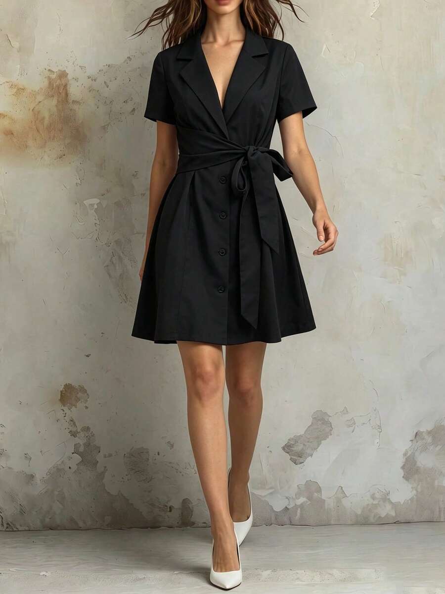 Franclia Vestido mini de fiesta de mujer con cuello de solapa, retorcido y fruncido en unicolor - Negro - Ver 1