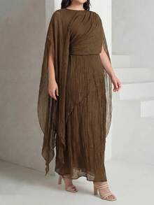 Veilorie Plus Size Elegant Solid Color Party Dress - Coffee Brown - View 7