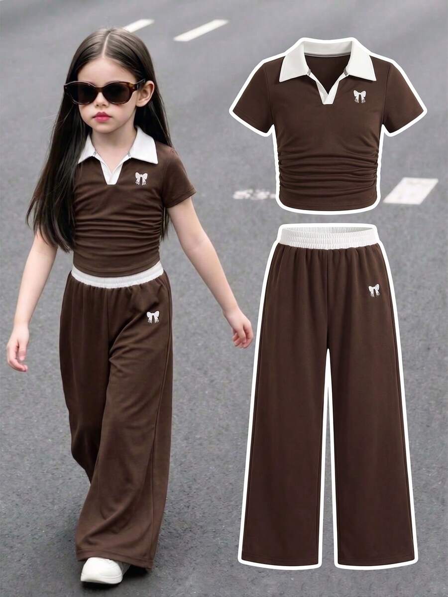 Tween Girls 2pcs/Set (Big) T-Shirt Set, Bow Embroidery Contrast Color V-Neck Fashion Pleated Hem Comfortable Short Sleeve T-Shirt Top + Bow - Brown - View 1