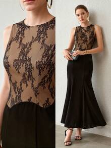 MOTF PREMIUM FRÜHLING/SOMMER ELEGANTES DAMENSTIL DATE ABENDPARTY HOCHWERTIG TRANSPARENTE SPITZE PATCHWORK TAILLENBETONEND SCHLANKMACHEND LANG ÄRMELLOSES KLEID - Schwarz - Übersicht 1