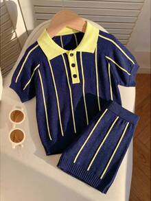 SHEIN 2件/套 嬰兒男孩嬰兒女孩夏季休閒黃色條紋 Polo 套裝，針織套裝，羊毛套裝，涼感套裝，嬰兒男孩套裝 - 彩色 - 查看 6