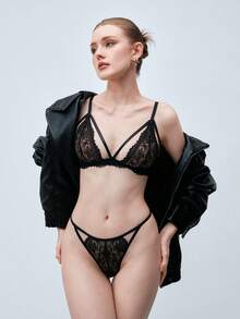 Softvol Wireless Lace Patchwork Women's Lingerie Set - Black - View 8