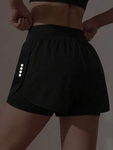 SHEIN Teen Girls Black Shorts, Casual Minimalist Yoga Wear, Tight High Elastic Fabric Comfortable Fit 4-Way Stretch, Built-In Four-Corner Safety Shorts, With Pockets Gym Shorts - Black - View 2