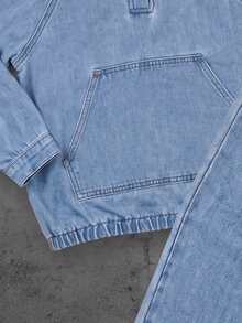 SHEIN Tween Boy Denim Set, Summer, Soft, Cotton, Casual, Fashion, Versatile, Comfortable, Minimalist, Top With Half-Open Front Design, Large Cargo Pockets, Elastic Hem, Dropped Shoulder Long Sleeve Hooded Style + Classic Five-Pocket Pants With Elastic Waist, Loose Fit, Light Blue Washed Denim Set - Medium Wash - View 5