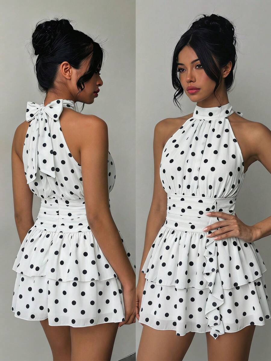 Tween Girl Polka Dot Pattern Fashion Classic Dress - Black and White - View 1