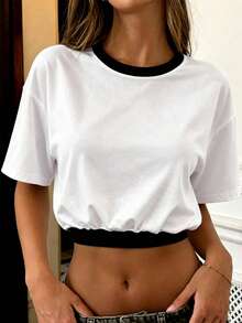 Rovax Atasan Crop Kasual Lengan Pendek Leher Bulat Bahu Jatuh Motif Colorblock untuk Wanita - Putih - View 3