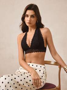 Hourtrue 1pc Women's Lace Trim Seamless Wire-Free Sexy Halter Neck Backless Bra - Black - View 7