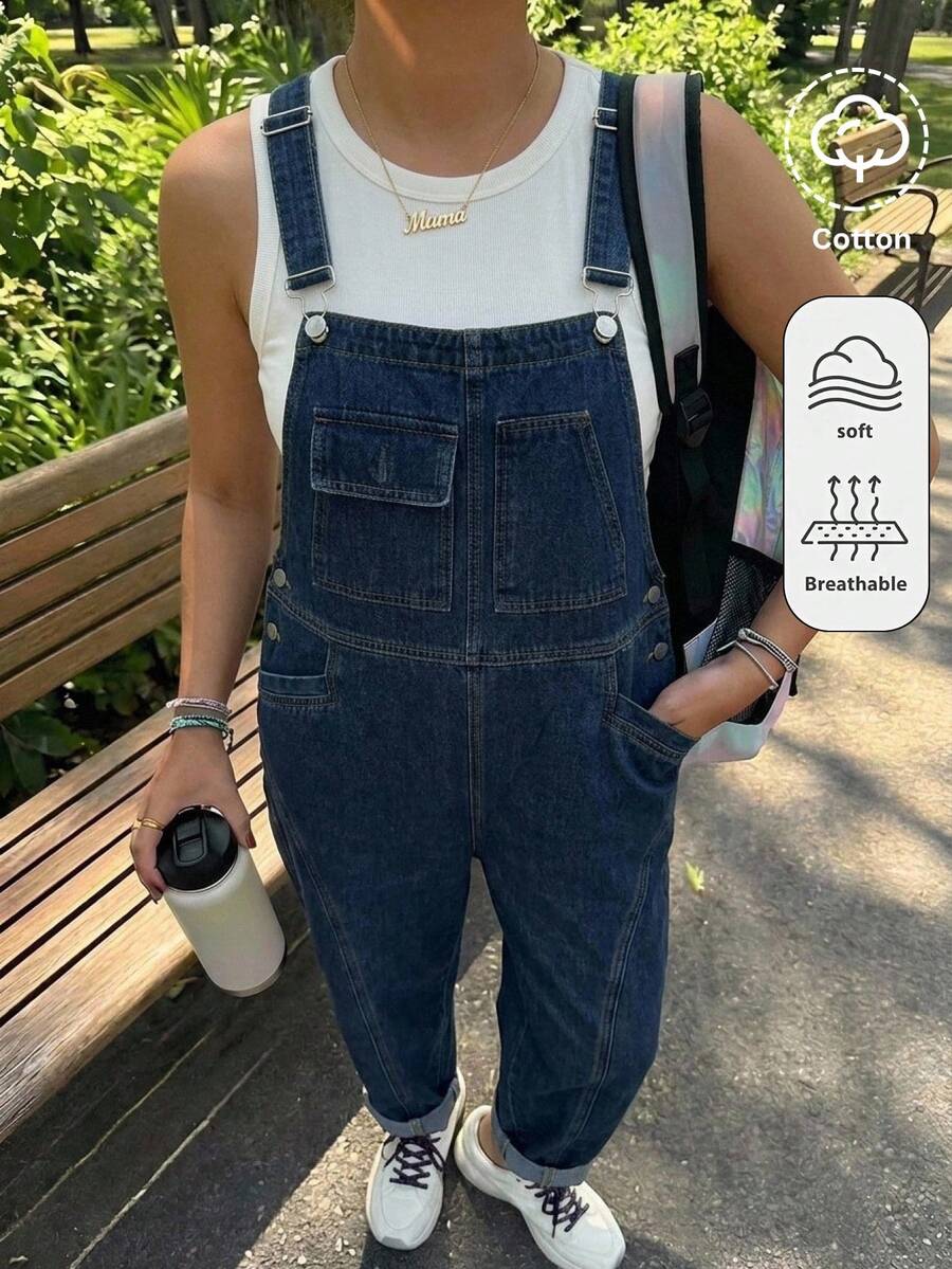 SHEIN 青少年女孩藍色牛仔寬鬆錐形吊帶褲 - 藍色 - 查看 1