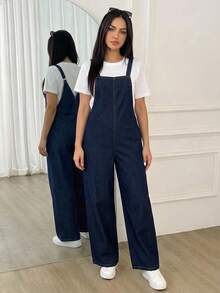 SHEIN 青少年女孩深藍色牛仔細肩帶寬鬆連身褲 秋冬萬聖節 Y2K 畢業返校穿搭 - 藍色 - 查看 6