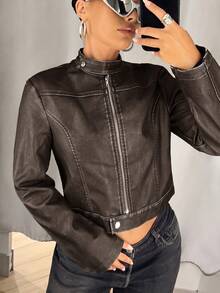 SHEIN ICON Women's Zip Front Stand Collar Fashion PU Leather Long Sleeve Jacket Fall Women Clothes - Black - View 3
